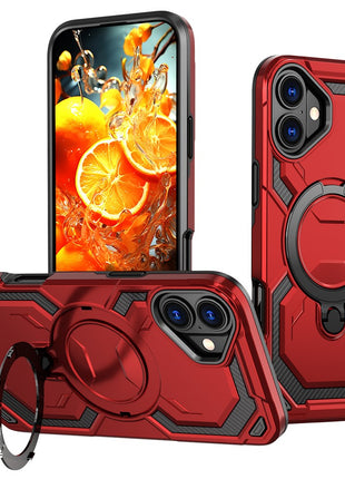 For iPhone 16 Plus Magnetic Case Ring Kickstand PC + TPU Hybrid Phone Cover