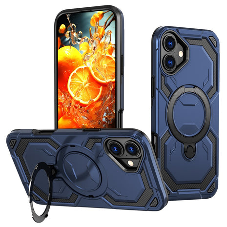 For iPhone 16 Plus Magnetic Case Ring Kickstand PC + TPU Hybrid Phone Cover