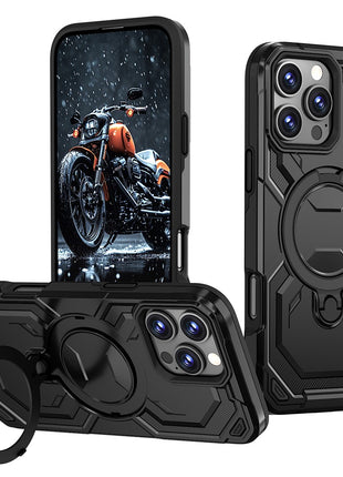 For iPhone 16 Pro Magnetic Case Ring Kickstand PC + TPU Hybrid Phone Cover