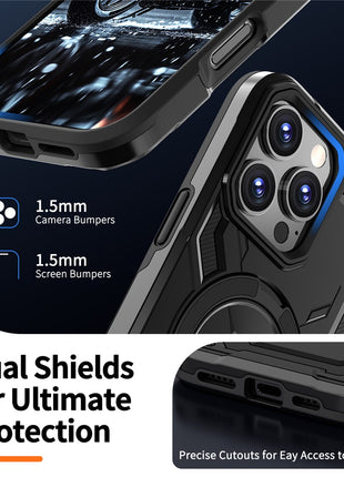 For iPhone 16 Pro Magnetic Case Ring Kickstand PC + TPU Hybrid Phone Cover