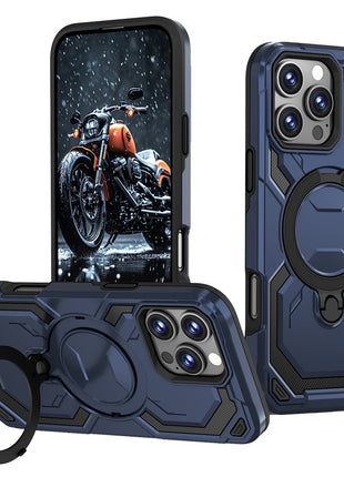 For iPhone 16 Pro Magnetic Case Ring Kickstand PC + TPU Hybrid Phone Cover
