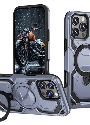 For iPhone 16 Pro Magnetic Case Ring Kickstand PC + TPU Hybrid Phone Cover