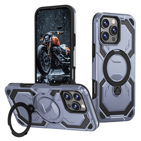 For iPhone 16 Pro Magnetic Case Ring Kickstand PC + TPU Hybrid Phone Cover