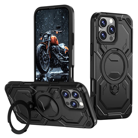 For iPhone 16 Pro Max Magnetic Case Ring Kickstand PC + TPU Hybrid Phone Cover