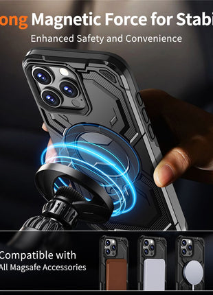 For iPhone 16 Pro Max Magnetic Case Ring Kickstand PC + TPU Hybrid Phone Cover