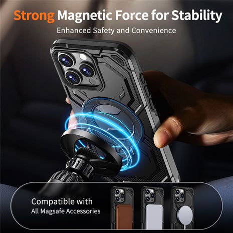 For iPhone 16 Pro Max Magnetic Case Ring Kickstand PC + TPU Hybrid Phone Cover