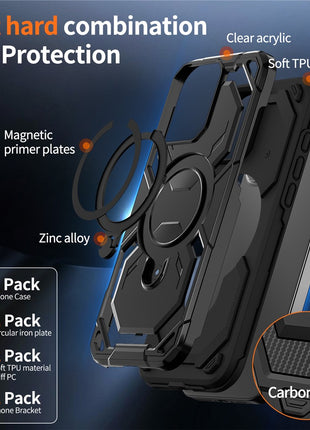 For iPhone 16 Pro Max Magnetic Case Ring Kickstand PC + TPU Hybrid Phone Cover
