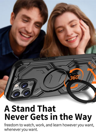 For iPhone 16 Pro Max Magnetic Case Ring Kickstand PC + TPU Hybrid Phone Cover