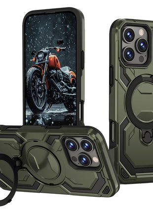 For iPhone 16 Pro Max Magnetic Case Ring Kickstand PC + TPU Hybrid Phone Cover