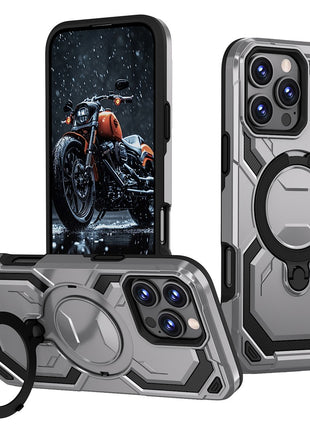 For iPhone 16 Pro Max Magnetic Case Ring Kickstand PC + TPU Hybrid Phone Cover