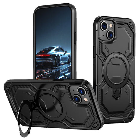 For iPhone 15 Magnetic Case Ring Kickstand PC + TPU Hybrid Phone Cover