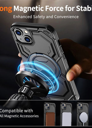 For iPhone 15 Magnetic Case Ring Kickstand PC + TPU Hybrid Phone Cover