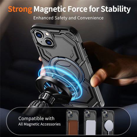 For iPhone 15 Magnetic Case Ring Kickstand PC + TPU Hybrid Phone Cover