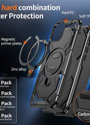 For iPhone 15 Magnetic Case Ring Kickstand PC + TPU Hybrid Phone Cover