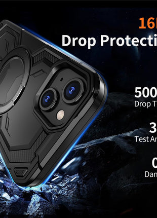 For iPhone 15 Magnetic Case Ring Kickstand PC + TPU Hybrid Phone Cover