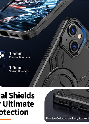 For iPhone 15 Magnetic Case Ring Kickstand PC + TPU Hybrid Phone Cover