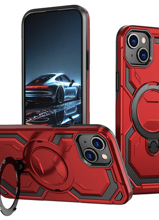 For iPhone 15 Magnetic Case Ring Kickstand PC + TPU Hybrid Phone Cover