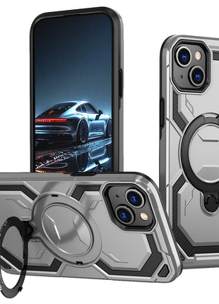 For iPhone 15 Magnetic Case Ring Kickstand PC + TPU Hybrid Phone Cover