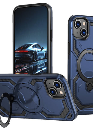 For iPhone 15 Magnetic Case Ring Kickstand PC + TPU Hybrid Phone Cover