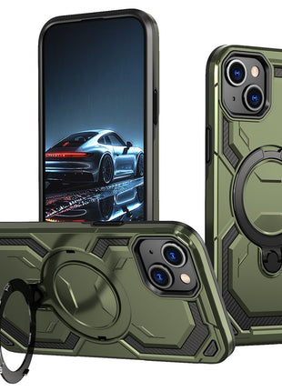 For iPhone 15 Magnetic Case Ring Kickstand PC + TPU Hybrid Phone Cover