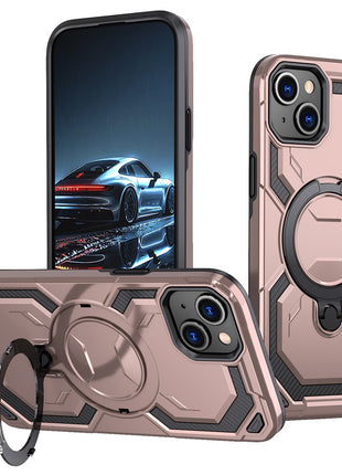 For iPhone 15 Magnetic Case Ring Kickstand PC + TPU Hybrid Phone Cover
