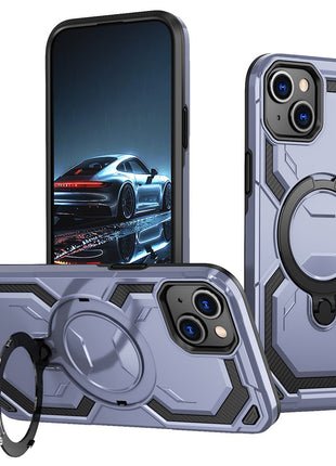 For iPhone 15 Magnetic Case Ring Kickstand PC + TPU Hybrid Phone Cover