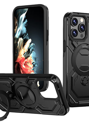 For iPhone 15 Pro Max Magnetic Case Ring Kickstand PC + TPU Hybrid Phone Cover
