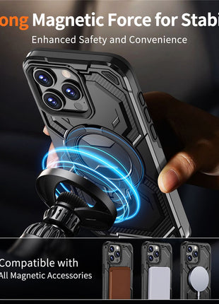 For iPhone 15 Pro Max Magnetic Case Ring Kickstand PC + TPU Hybrid Phone Cover