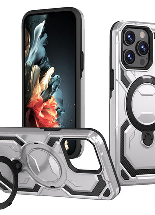 For iPhone 15 Pro Max Magnetic Case Ring Kickstand PC + TPU Hybrid Phone Cover