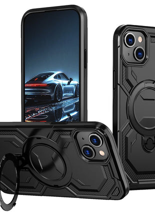 For iPhone 14 Magnetic Case Ring Kickstand PC + TPU Hybrid Phone Cover