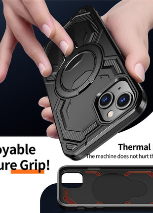 For iPhone 14 Magnetic Case Ring Kickstand PC + TPU Hybrid Phone Cover