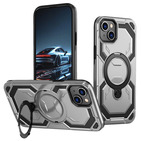 For iPhone 14 Magnetic Case Ring Kickstand PC + TPU Hybrid Phone Cover