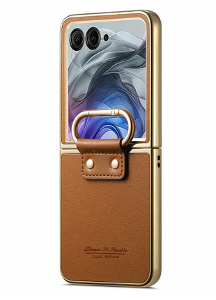For Motorola Razr 50 Ultra 5G Case Electroplating Leather Coated PC Phone Cover with Spring Ring Buckle Kickstand