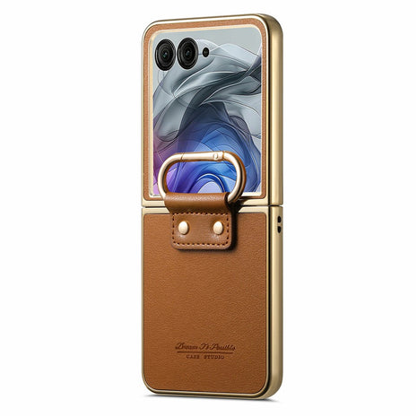 For Motorola Razr 50 Ultra 5G Case Electroplating Leather Coated PC Phone Cover with Spring Ring Buckle Kickstand