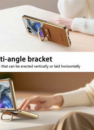 For Motorola Razr 50 Ultra 5G Case Electroplating Leather Coated PC Phone Cover with Spring Ring Buckle Kickstand