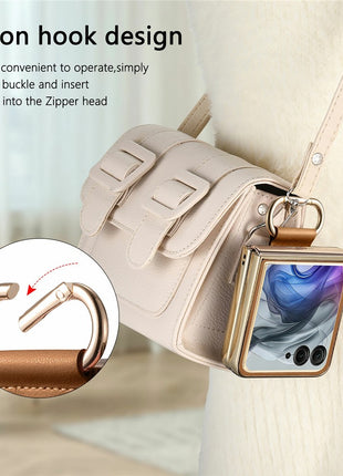 For Motorola Razr 50 Ultra 5G Case Electroplating Leather Coated PC Phone Cover with Spring Ring Buckle Kickstand