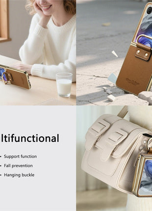 For Motorola Razr 50 Ultra 5G Case Electroplating Leather Coated PC Phone Cover with Spring Ring Buckle Kickstand