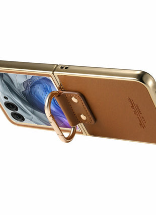 For Motorola Razr 50 Ultra 5G Case Electroplating Leather Coated PC Phone Cover with Spring Ring Buckle Kickstand