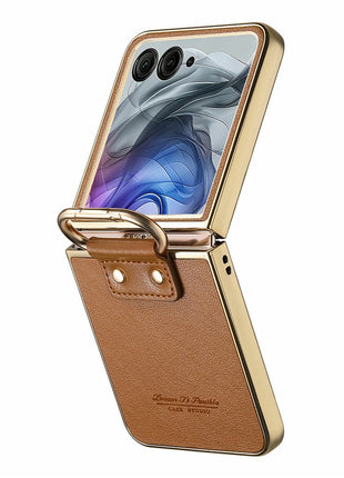 For Motorola Razr 50 Ultra 5G Case Electroplating Leather Coated PC Phone Cover with Spring Ring Buckle Kickstand