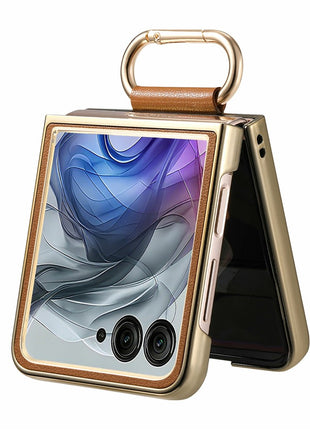 For Motorola Razr 50 Ultra 5G Case Electroplating Leather Coated PC Phone Cover with Spring Ring Buckle Kickstand