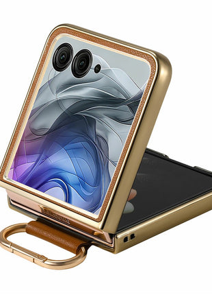 For Motorola Razr 50 Ultra 5G Case Electroplating Leather Coated PC Phone Cover with Spring Ring Buckle Kickstand