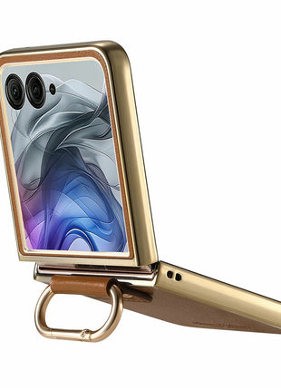 For Motorola Razr 50 Ultra 5G Case Electroplating Leather Coated PC Phone Cover with Spring Ring Buckle Kickstand
