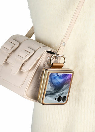 For Motorola Razr 50 Ultra 5G Case Electroplating Leather Coated PC Phone Cover with Spring Ring Buckle Kickstand