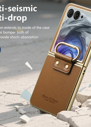For Motorola Razr 50 Ultra 5G Case Electroplating Leather Coated PC Phone Cover with Spring Ring Buckle Kickstand