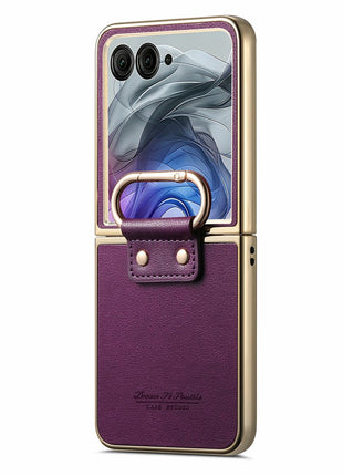 For Motorola Razr 50 Ultra 5G Case Electroplating Leather Coated PC Phone Cover with Spring Ring Buckle Kickstand