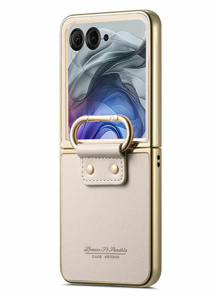 For Motorola Razr 50 Ultra 5G Case Electroplating Leather Coated PC Phone Cover with Spring Ring Buckle Kickstand