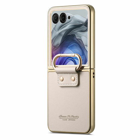 For Motorola Razr 50 Ultra 5G Case Electroplating Leather Coated PC Phone Cover with Spring Ring Buckle Kickstand