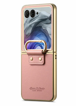 For Motorola Razr 50 Ultra 5G Case Electroplating Leather Coated PC Phone Cover with Spring Ring Buckle Kickstand