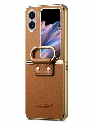 For Oppo Find N2 Flip 5G Case Electroplating Leather Coated PC Phone Cover with Spring Ring Buckle Kickstand