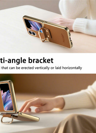 For Oppo Find N2 Flip 5G Case Electroplating Leather Coated PC Phone Cover with Spring Ring Buckle Kickstand